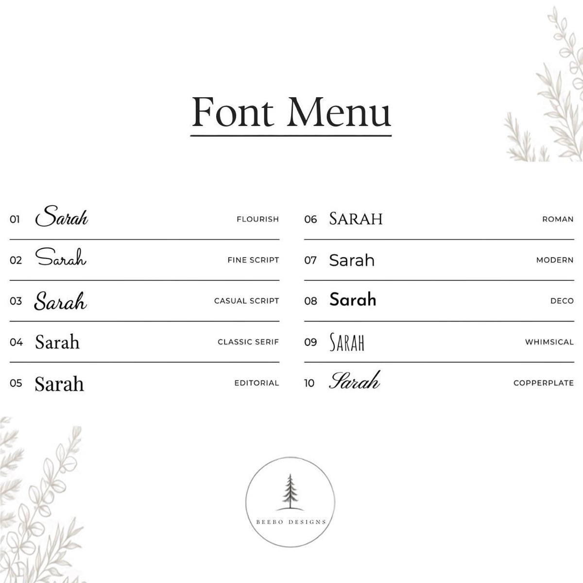 Font menu showing ten fonts numbered 01 to 10 with the name Sarah