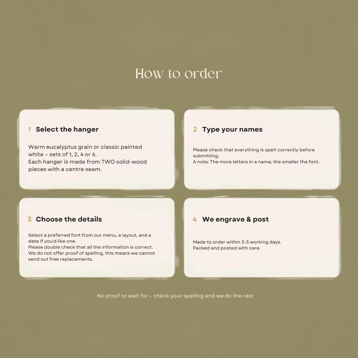 How to order in four steps: select the hanger, type your names, choose the details, we engrave and post